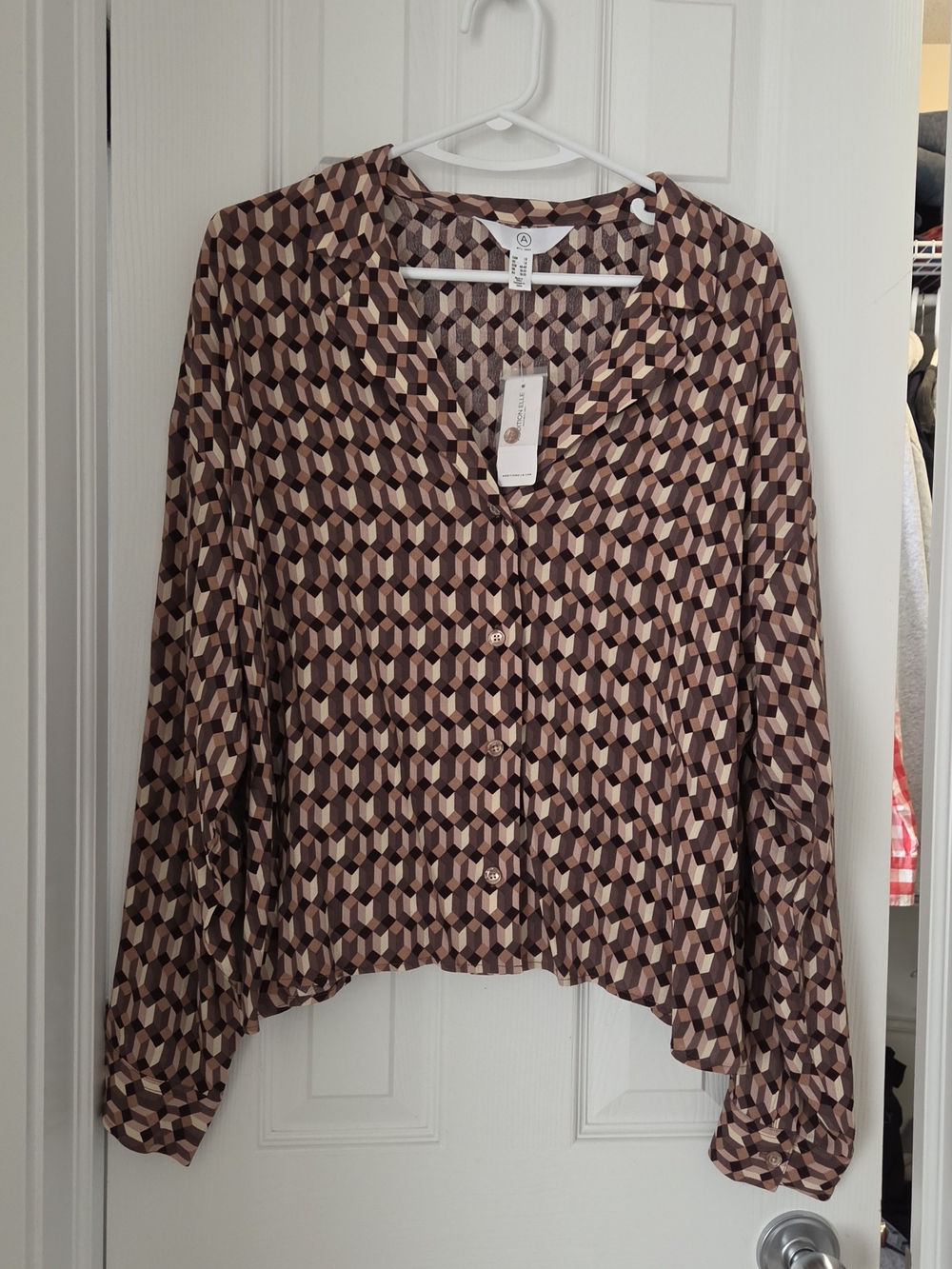 Brand New Addition Elle Geometric Print Button-Down Shirt Brown & Cream Size 1X